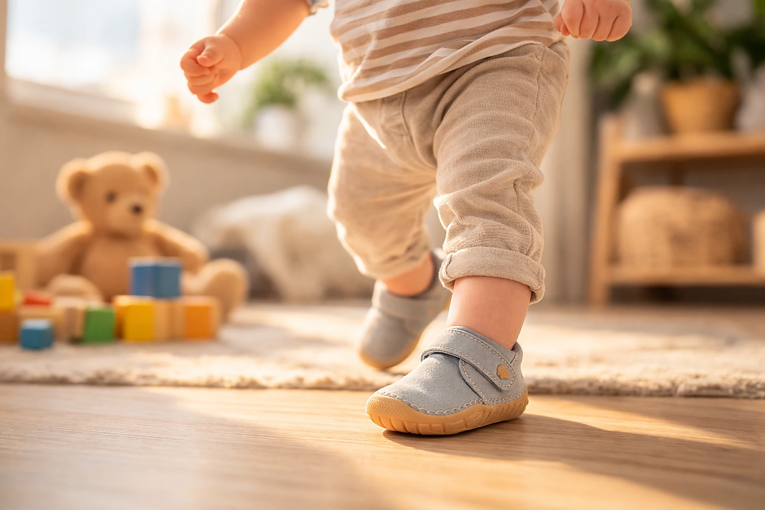 Bebeluș care face primii pași purtând primii pantofiori cu talpă flexibilă